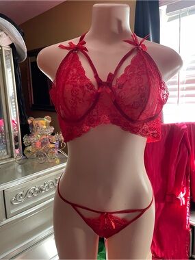 Flatter Me Red Lace Strappy Bra & Thong Set - Women Intimates Night set romance